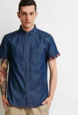 21 Men Plaid-trimmed Denim Shirt