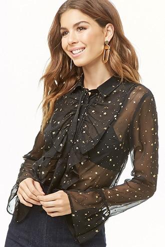 Forever21 Sheer Tie-neck Star Shirt