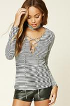 Forever21 Women's  Black & White Striped Lace-up Top