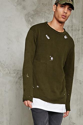 21 Men Men's  Distressed Raw-cut Sweater