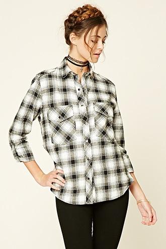 Forever21 Women's  Black & Cream Tartan Plaid Flannel Shirt