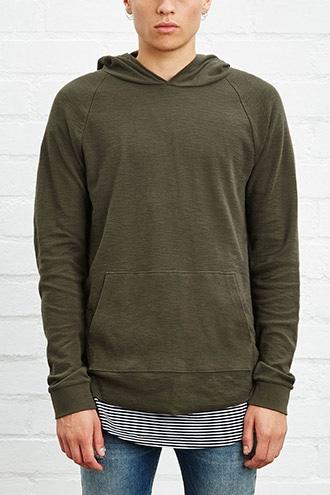 21 Men Men's  Olive Ribbed Slub Knit Hoodie