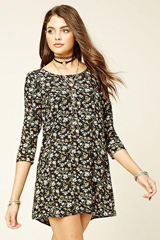 Forever21 Women's  Black & Olive Floral Print Shift Dress