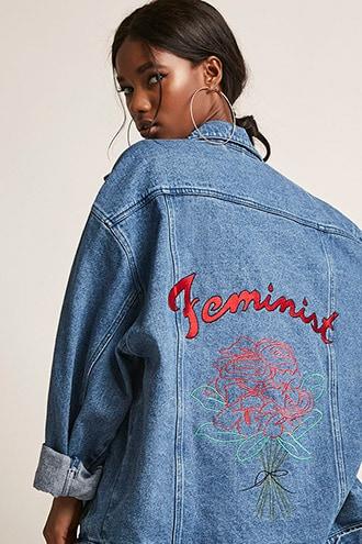Forever21 The Style Club Oversized Feminist Denim Jacket