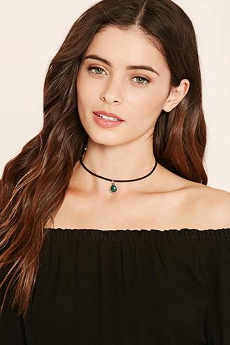 Forever21 Black & Green Faux Stone Pendant Choker