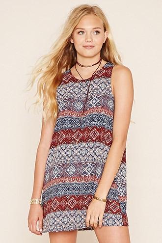 Forever21 Women's  Indigo & Rust Geo Print Shift Dress