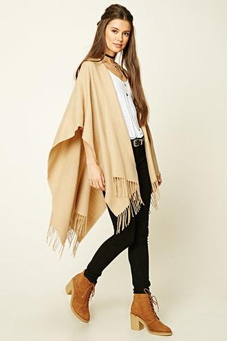 Forever21 Women's  Camel Tasseled Poncho