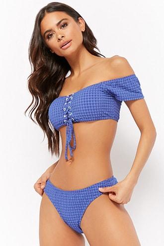 Forever21 Puckered Plaid Bikini Top & Bottoms Set