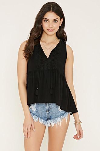 Forever21 Women's  Black Crinkled Crochet-paneled Top