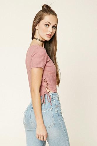 Forever21 Women's  Rose Ribbed Lace-up Side Top