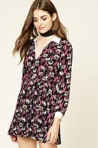 Forever21 Women's  Black & Pink Collared Floral Print Dress