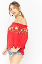 Forever21 Floral-embroidered Gauze Off-the-shoulder Peasant Top
