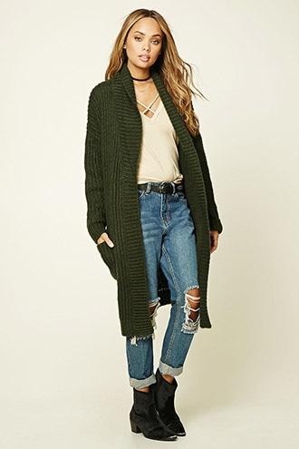 Forever21 Women's Olive Longline Sweater Cardigan