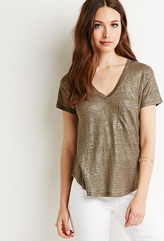Love21 Women's  Metallic V-neck Top (dark Olive)