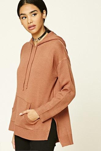 Forever21 Women's  Mauve Hooded Ribbed Knit Sweater