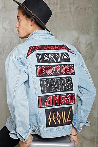21 Men Men's  City Patched Denim Jacket