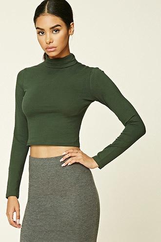 Forever21 Women's Hunter Green Cropped Knit Turtleneck