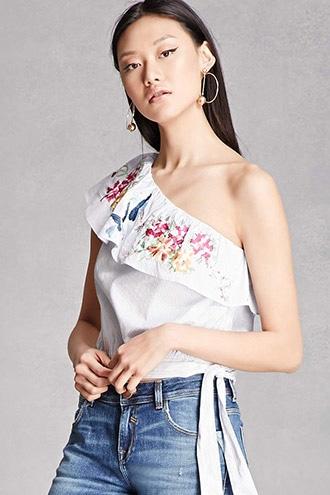 Forever21 One-shoulder Embroidered Top