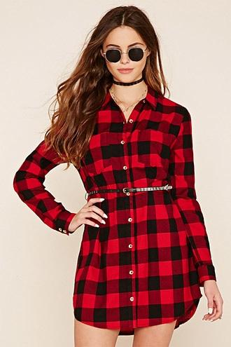 Forever21 Women's  Red & Black Buffalo Plaid Shirt Dress