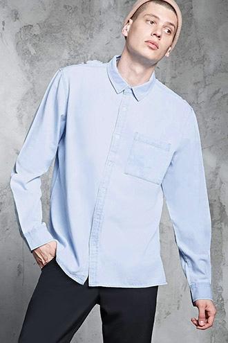 Forever21 High-low Distressed Denim Shirt