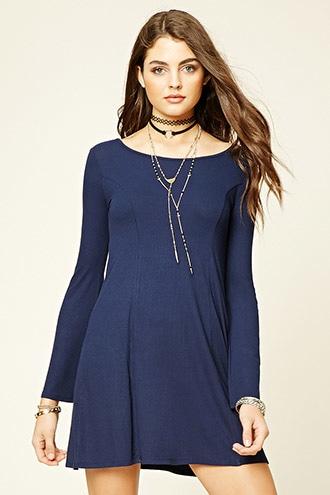 Forever21 Women's  Navy Bell-sleeve Skater Dress