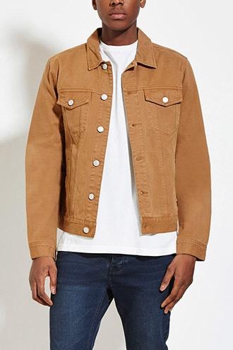 21 Men Men's  Khaki Buttoned Denim Jacket