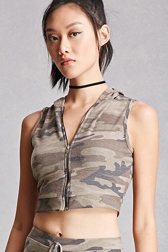 Forever21 Camo Cropped Hoodie Vest