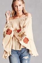 Forever21 Women's  Taupe Embroidered Bell-sleeve Top