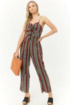 Forever21 Woven Pink Knotted Striped Jumpsuit