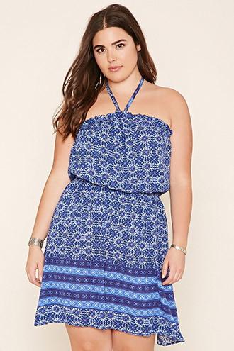 Forever21 Plus Women's  Blue Plus Size Ornate Halter Dress