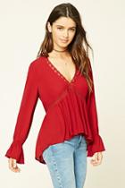 Forever21 Women's  Red Embroidered Lace Woven Top