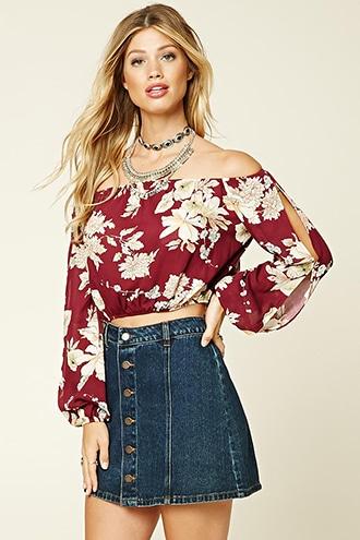 Love21 Women's  Berry & Peach Contemporary Floral Crop Top