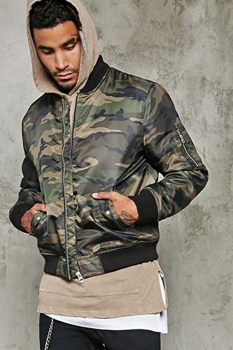 21 Men Men's  Olive & Brown Camo Print Bomber Jacket