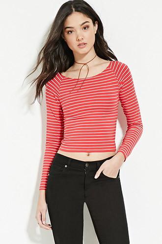 Forever21 Women's Red & Cream Striped Wide-neck Top