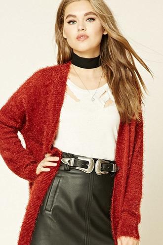 Forever21 Women's  Rust Longline Fuzzy Knit Cardigan