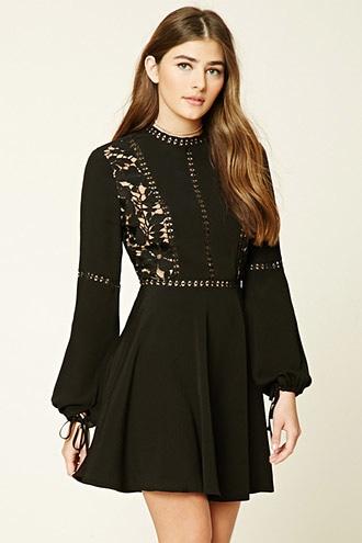 Forever21 Women's Black & Nude Crochet Overlay Mini Dress