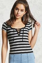 Forever21 Marled-stripe Lace-up Top