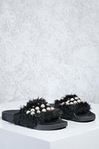 Forever21 Faux Fur And Pearl Slide Sandals