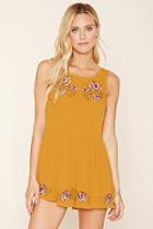 Forever21 Women's  Mustard & Rust Floral Embroidered Romper
