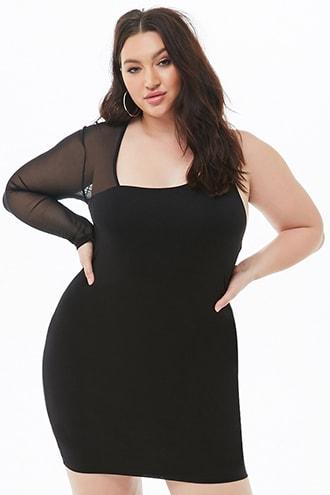 Forever21 Plus Size One-shoulder Mesh-trim Mini Dress