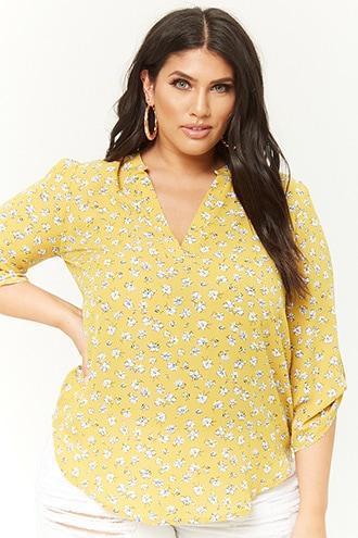 Forever21 Plus Size Chiffon Floral Split-neck High-low Top