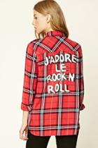Forever21 Women's  Red & Navy Rock N Roll Plaid Shirt