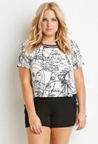 Forever21 Plus Varsity-striped Face Print Top
