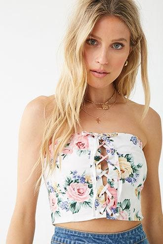 Forever21 Floral Lace-up Tube Crop Top