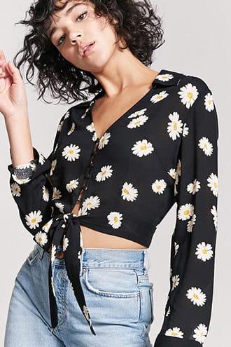 Forever21 Daisy Print Self-tie Shirt