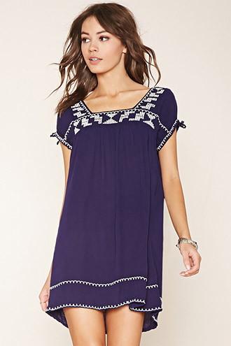 Forever21 Women's  Navy & Cream Embroidered Peasant Dress