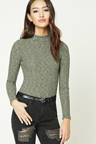 Forever21 Women's Olive Fleece Mock Neck Top