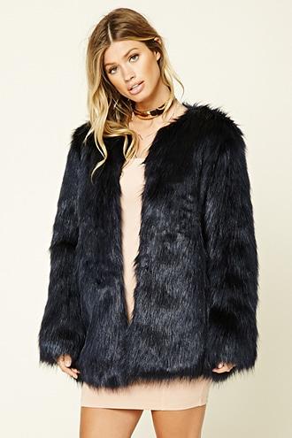 Forever21 Women's  Dark Blue Faux Fur Jacket