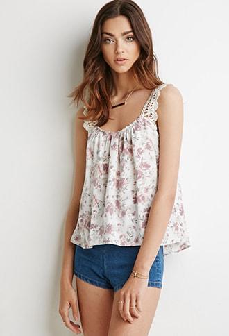 Forever21 Crocheted Rose Print Top