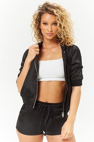 Forever21 Satin Bomber Jacket & Shorts Set